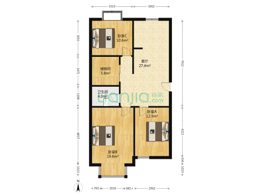 滨河花园 3室1厅1卫 100平方