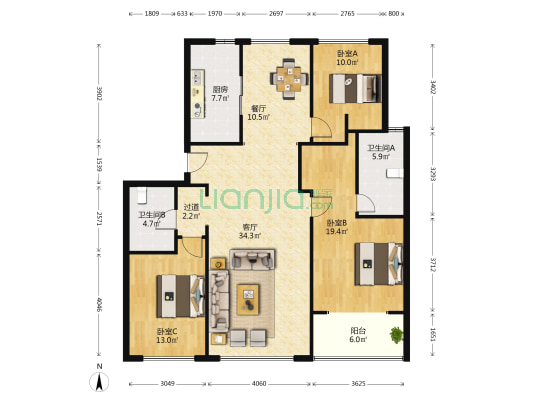 腾讯双创小镇云筑 3室2厅2卫 141平方