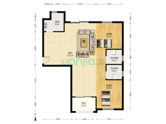 香缇公馆 2室1厅2卫 138平方