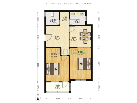 富辰小区 2室2厅1卫 86平方