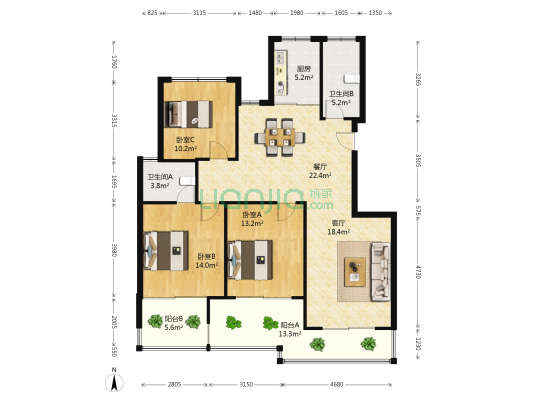 文星花园探花苑 3室2厅2卫 128平方