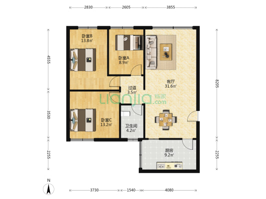 五洲花园 3室1厅1卫 100平方