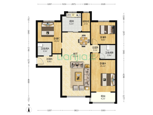 公元壹号二期东区 3室1厅2卫 126平方