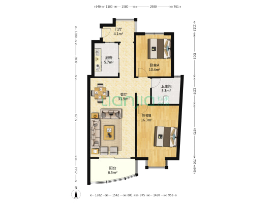 景鸿苑 2室1厅1卫 95平方