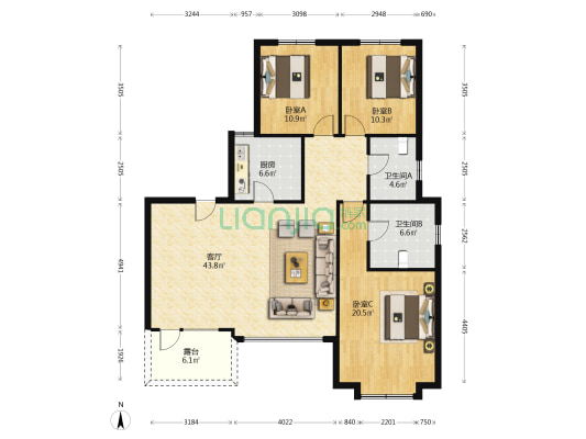 鸿坤理想湾南区 3室2厅 南 北-户型图