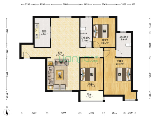 滨河悦秀 3室1厅2卫 143平方