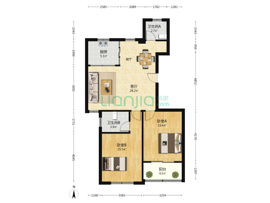 鸿泰苑六区 2室1厅2卫 105平方