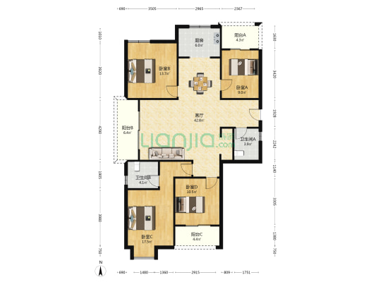 罗西住宅区十六组团 4室1厅2卫 148平方