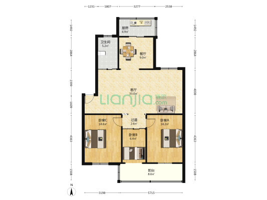 书苑 3室2厅1卫 113平方