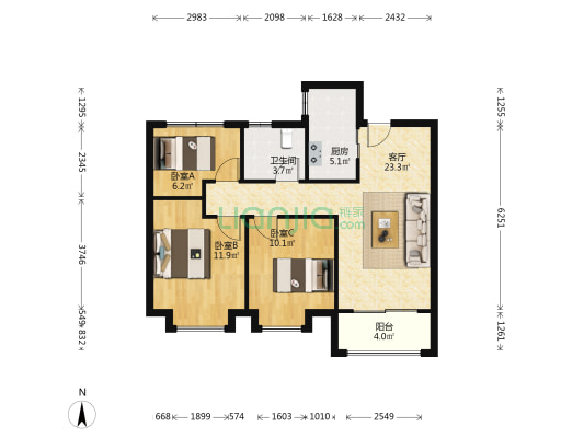观邸悦茂花园 3室1厅1卫 89平方