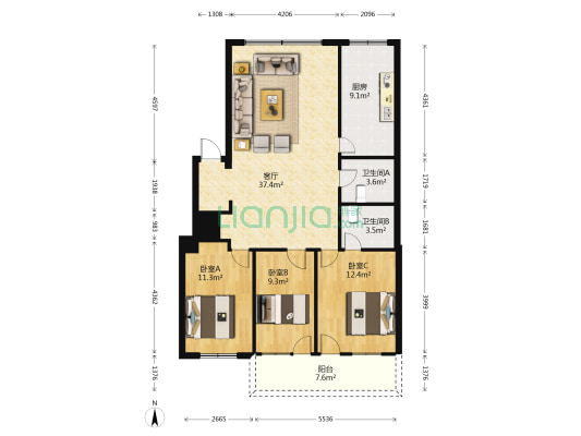 警官公寓（福飞南路） 3室1厅2卫 109平方
