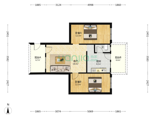 侨社宿舍 2室1厅1卫 69平方