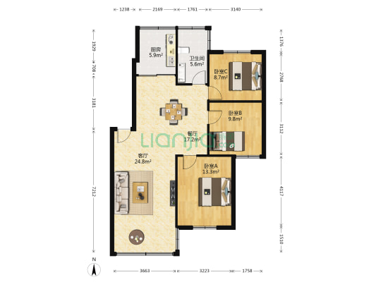 部队大院 3室2厅1卫 95平方
