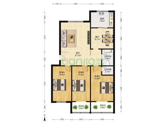 通泰小区 3室2厅2卫 132平方