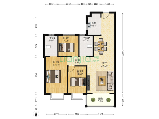 京江金翠 3室1厅2卫 105平方