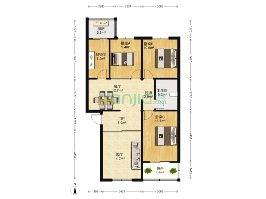 天元小区 3室2厅1卫 110平方