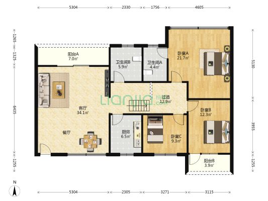 创福苑 3室1厅2卫 129平方