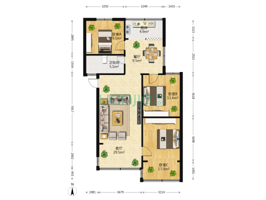 如安街9号院 3室2厅1卫 86平方