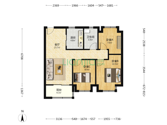 新城云漾滨江 3室1厅1卫 85平方