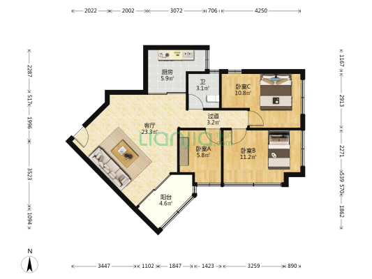 欧洲花园 3室1厅1卫 76平方