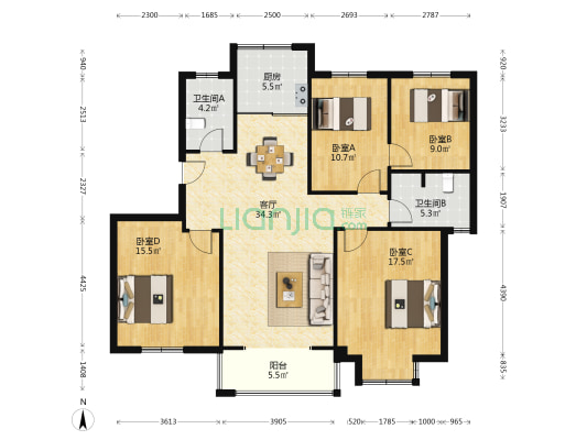 韩山花苑 4室1厅2卫 143平方