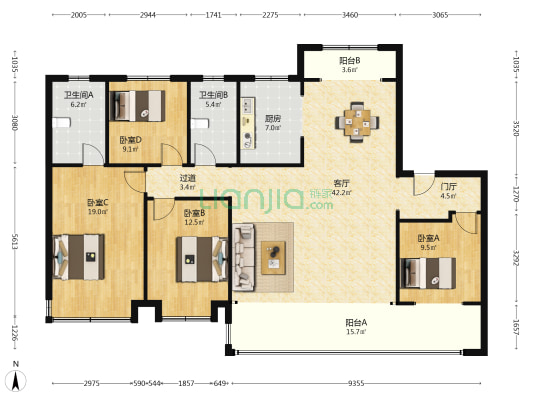 龙湖天宸原著 4室1厅2卫 175平方