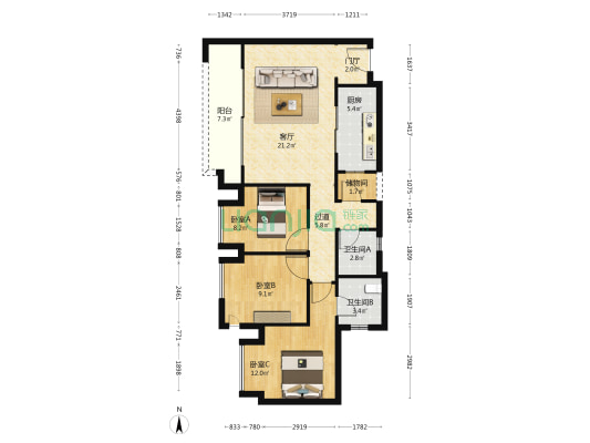 金地自在城领峯 3室1厅2卫 89平方