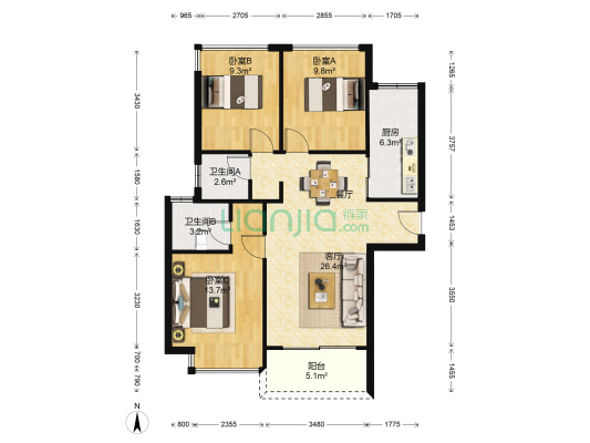 金地格林春晓一期（金地扑满花园） 3室1厅2卫 91平方