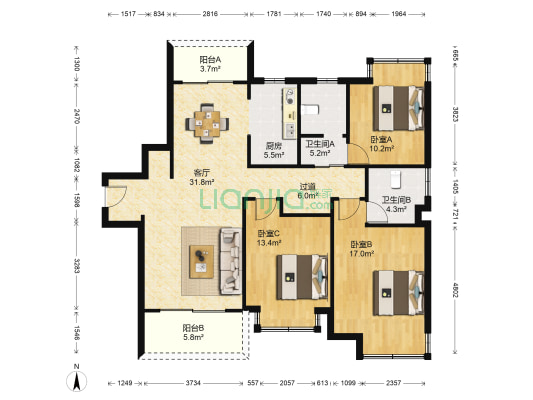 新力铂园 3室1厅2卫 126平方