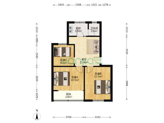 矿务局宿舍三分会 3室1厅1卫 63平方