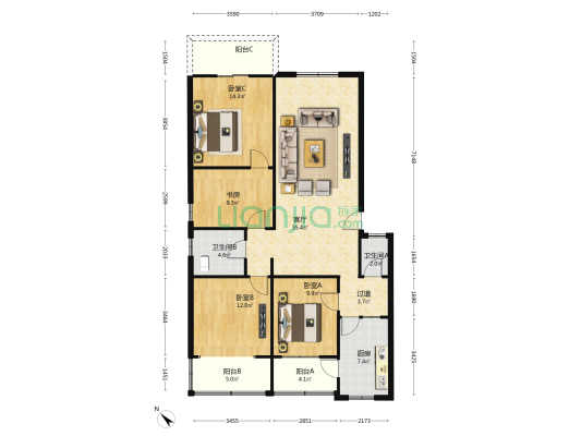 永丰路3号 4室1厅2卫 130平方