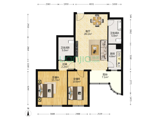 双城公寓 2室1厅2卫 102平方