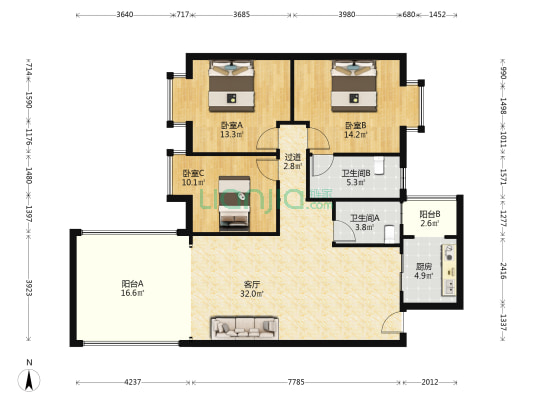城市广场 3室1厅2卫 118平方