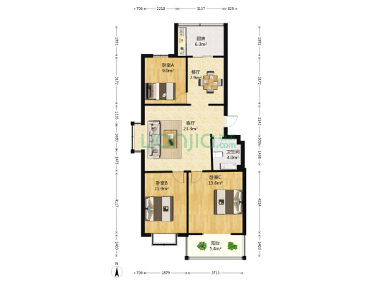 天河尚城西区 3室2厅1卫 100平方