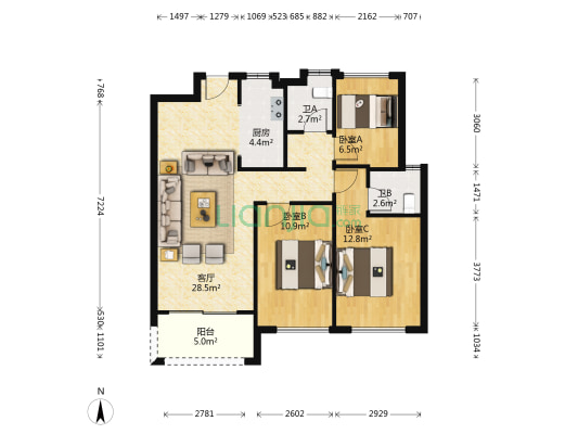 桂林漓江府 3室1厅2卫 89平方