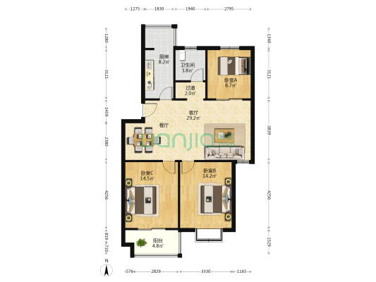 汉都华庭 3室1厅1卫 107平方