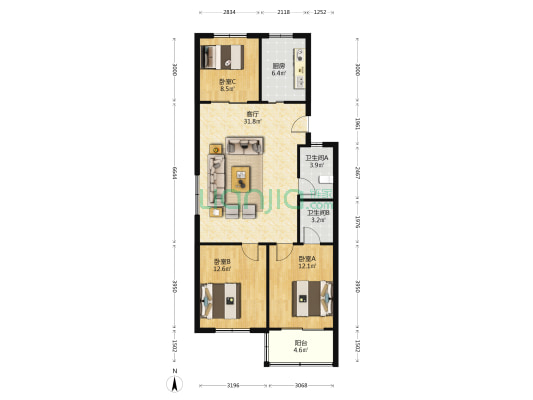 法院小区 3室1厅2卫 100平方