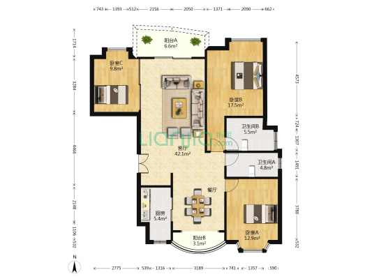 虹桥城市花园(公寓) 3室1厅2卫 128平方