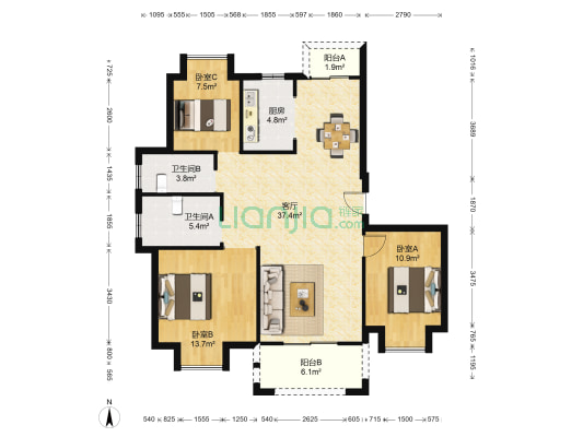 洺悦府 3室1厅2卫 138平方