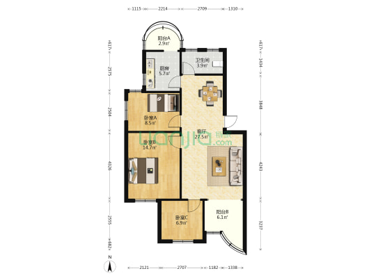 汤山温泉公寓 3室1厅1卫 90平方