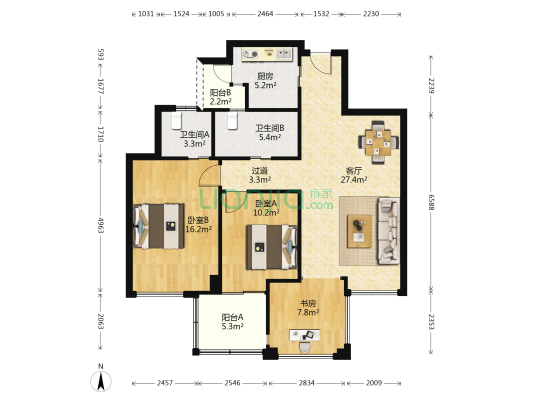 置信丽都花园城D区 3室1厅2卫 97平方