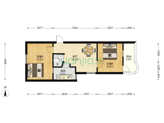 贤南商厦 2室1厅1卫 66平方