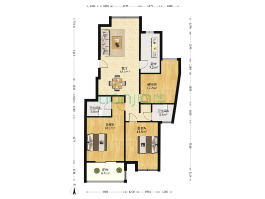 伊萨卡国际城绮风园 2室1厅2卫 119平方