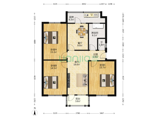 粮油站家属楼 3室2厅2卫 111平方