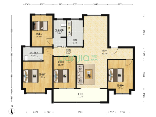 汉城源筑书香苑 4室1厅2卫 145平方
