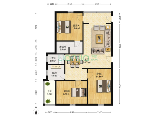 园丁街23号 3室1厅2卫 112平方