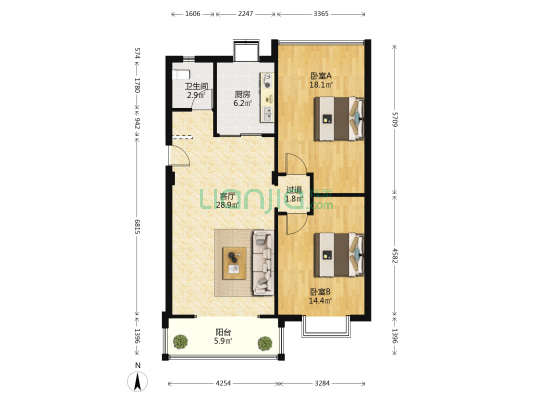 禾山路641-649号 2室1厅1卫 88平方