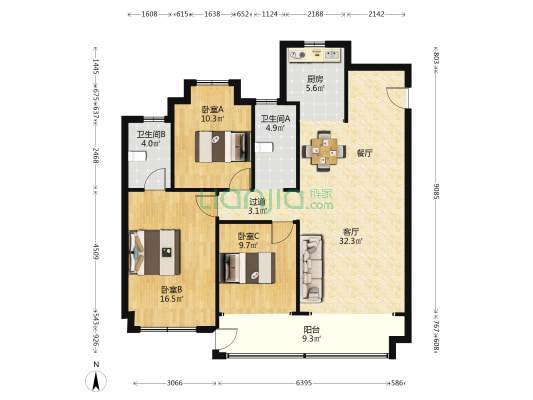 观淮府二期 3室1厅2卫 124平方