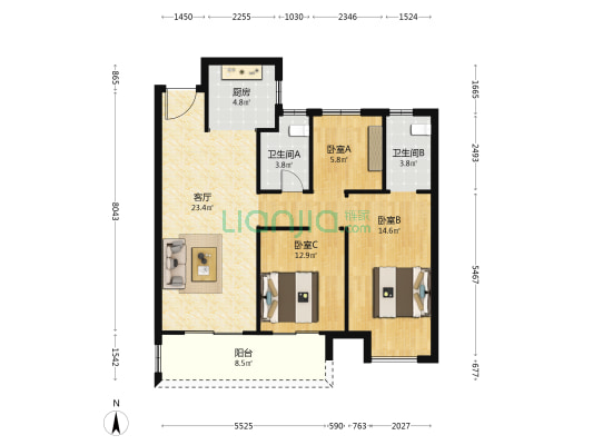 富田城九鼎华府七号院 3室1厅2卫 103平方