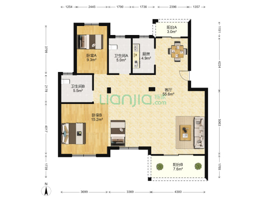 盘龙新天地一期 2室1厅2卫 124平方